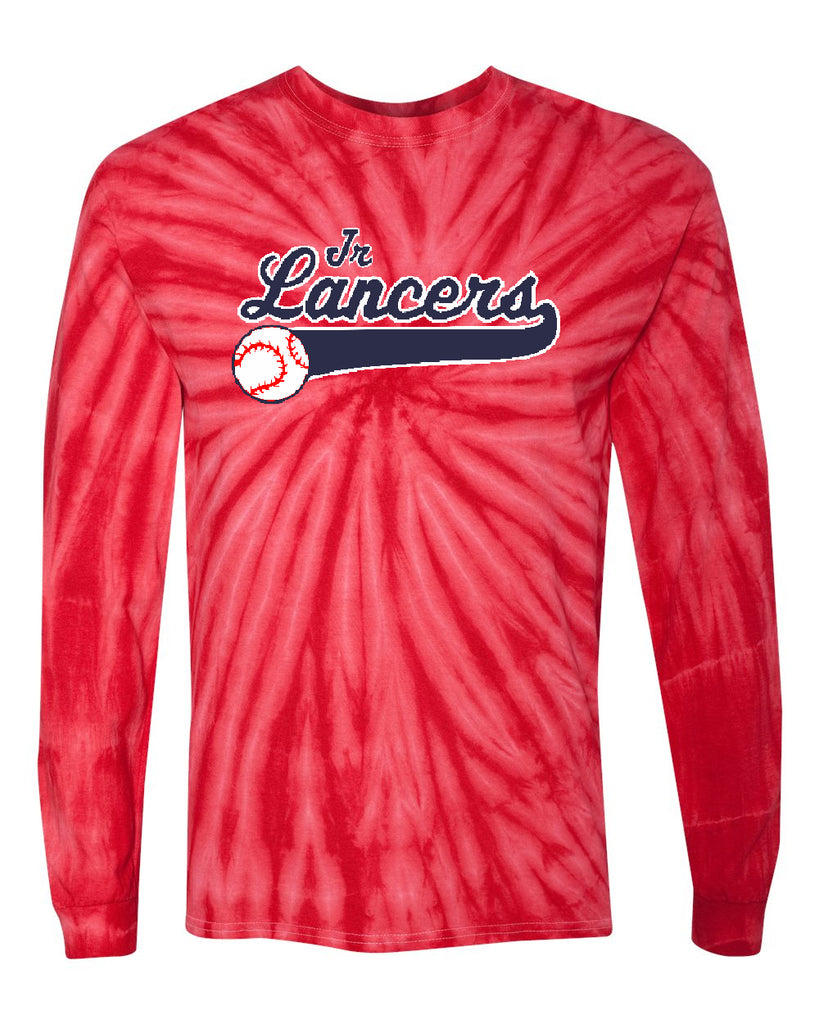 Jr. Lancers Baseball Cyclone Pinwheel Tie-Dyed Long Sleeve T-Shirt - 240CY w/ JRL Logo on Front.
