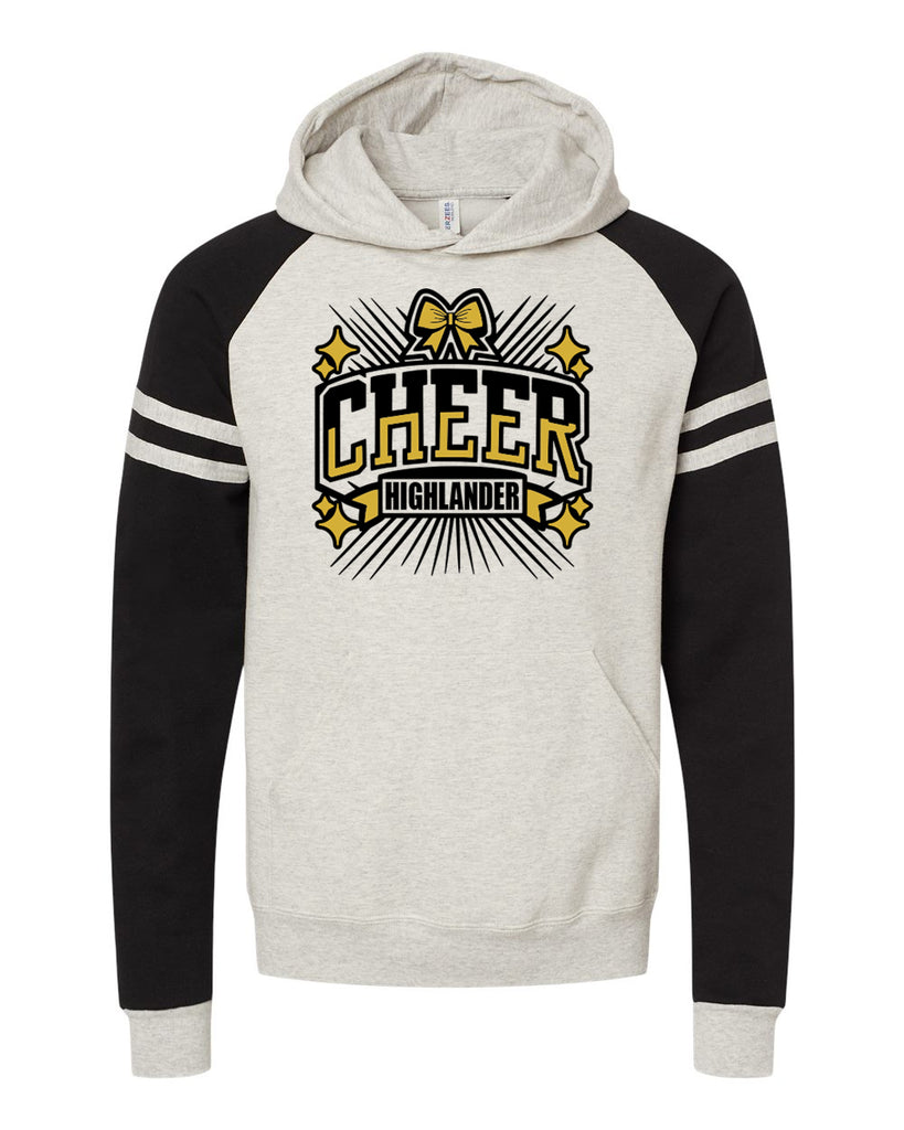 West Milford Cheerleading - Black/Oatmeal Varsity Colorblocked Raglan Hooded Sweatshirt - 97CR w/ Highlander Cheer 948 Design on Front.