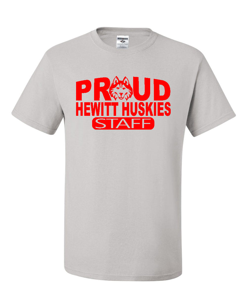 Hewitt Huskies Silver Short Sleeve Tee w/ Proud Staff V2 Design on Front