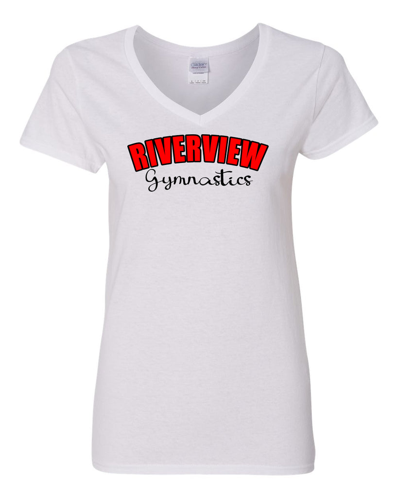 Riverview Gymnastics Heavy Cotton Women's V-Neck T-Shirt w/ RIVERVIEW24 Design on Front.