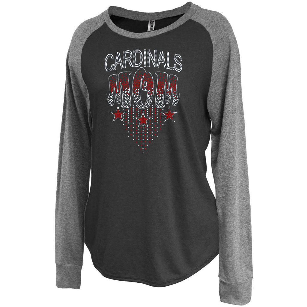 Westwood Cardinals Black Jersey Raglan Crewneck Shirt w/ 2 color SPANGLE Cardinals Mom Design on Front.