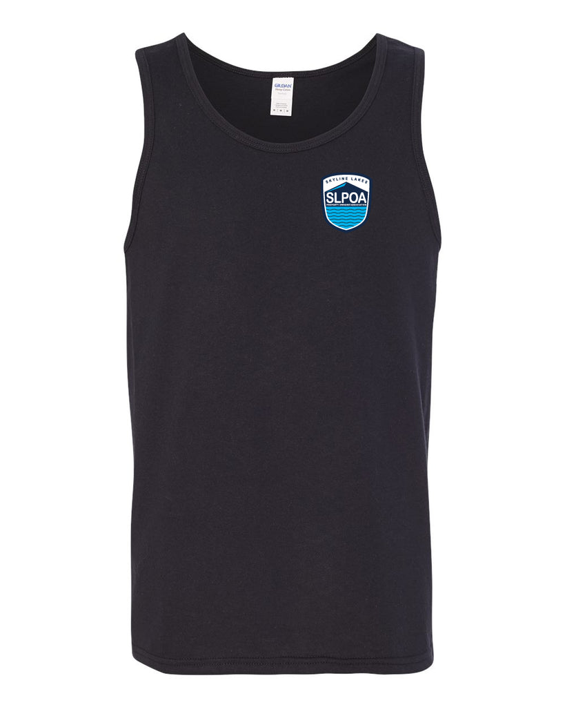 skyline lakes unisex tank top w/ shield logo front & slpoa logo on back