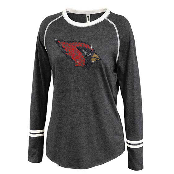 Westwood Cardinals Women's Ringer Striped Crew Long Sleeve T-Shirt - 5243 w/ Spangle Cardinal Bird Design