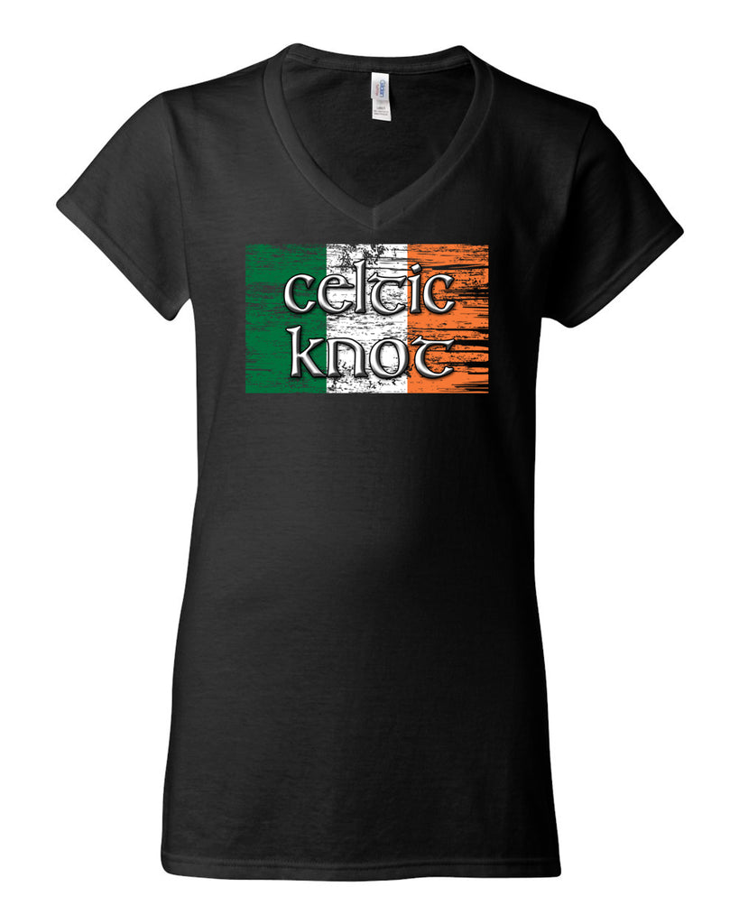 Celtic Knot Black Softstyle® Women’s V-Neck T-Shirt - 64V00L w/ Full Color FLAG Design on Front