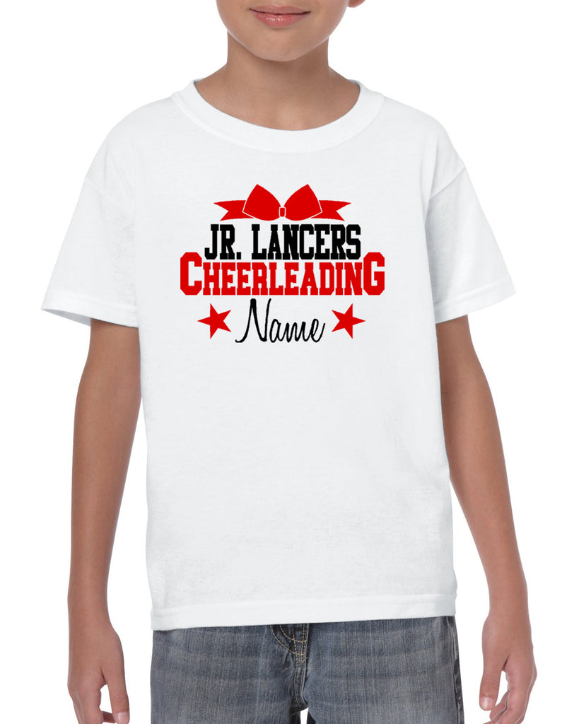 jr lancers competition cheer heavy cotton white shirt w/ cheerleading 2 color design on front.