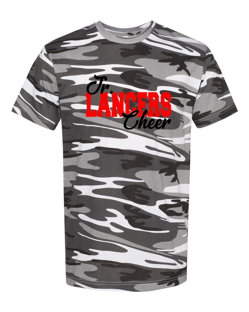 Jr Lancers Competition Cheer Code Five - Camo Tee - 3907 w/ Jr. Lancer OverUnder Design on Front.