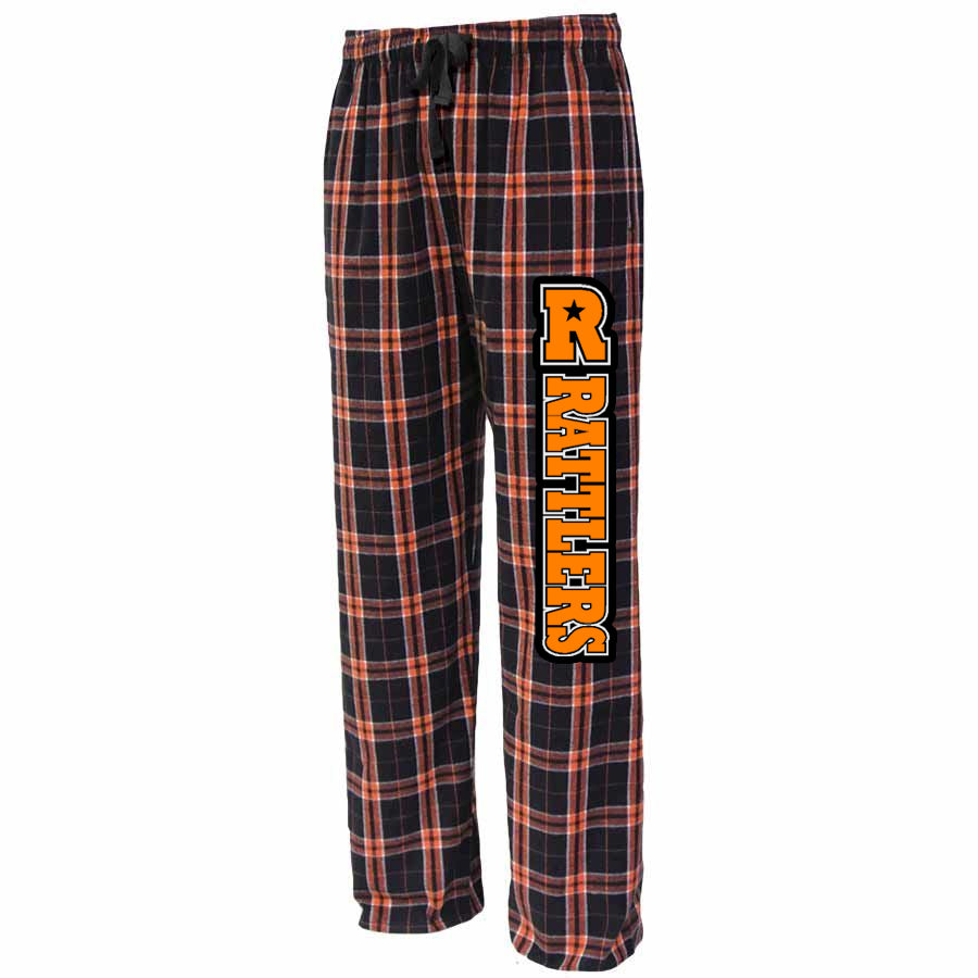 Ringwood Rattlers Orange & Black Flannel Pants w/ 3 Color RATTLERS Design Down Left Leg.