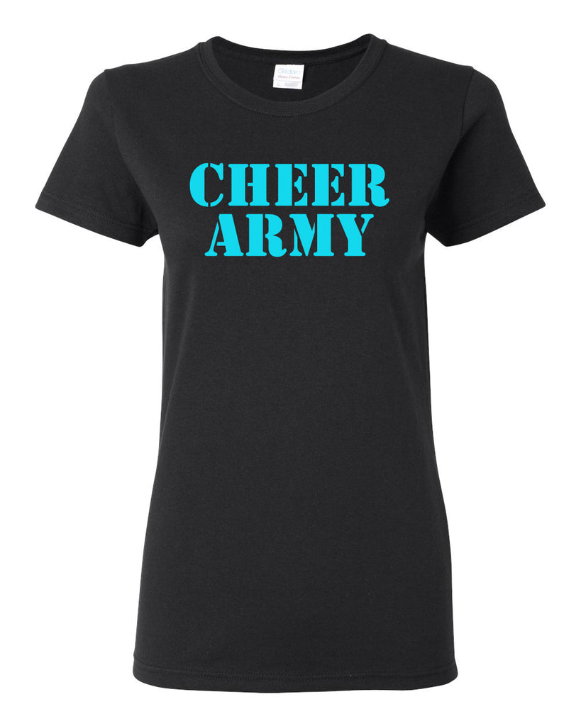 Cheer Army Black Short Sleeve Tee w/ Columbia Blue CHEER ARMY Stencil Logo on Front.