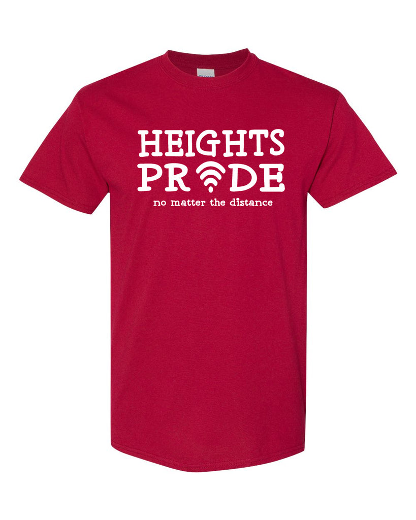 Heights Red Short Sleeve Tee w/ Heights Pride Design in White on Front.