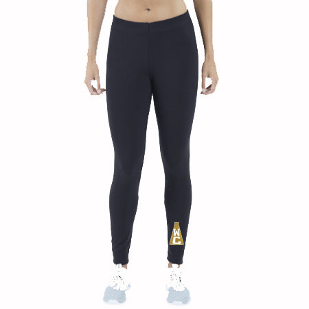 Wanaque Cheer Black Leggings w/ WC Megaphone Design Front of Left Ankle.