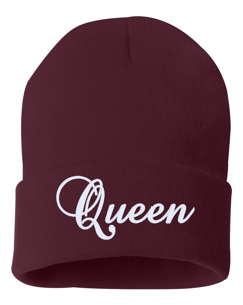 queen embroidered cuffed beanie hat