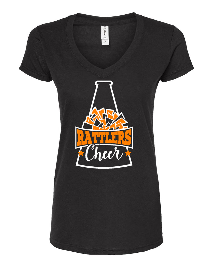 Ringwood Rattlers Black Tultex - Women's Poly-Rich V-Neck T-Shirt - 244 w/ 2 Color Rattlers Cheer Megaphone Design on Front