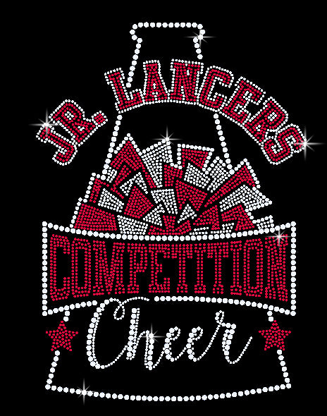 jr lancers competition cheer heavy cotton black shirt w/ spangle megaphone design on front.