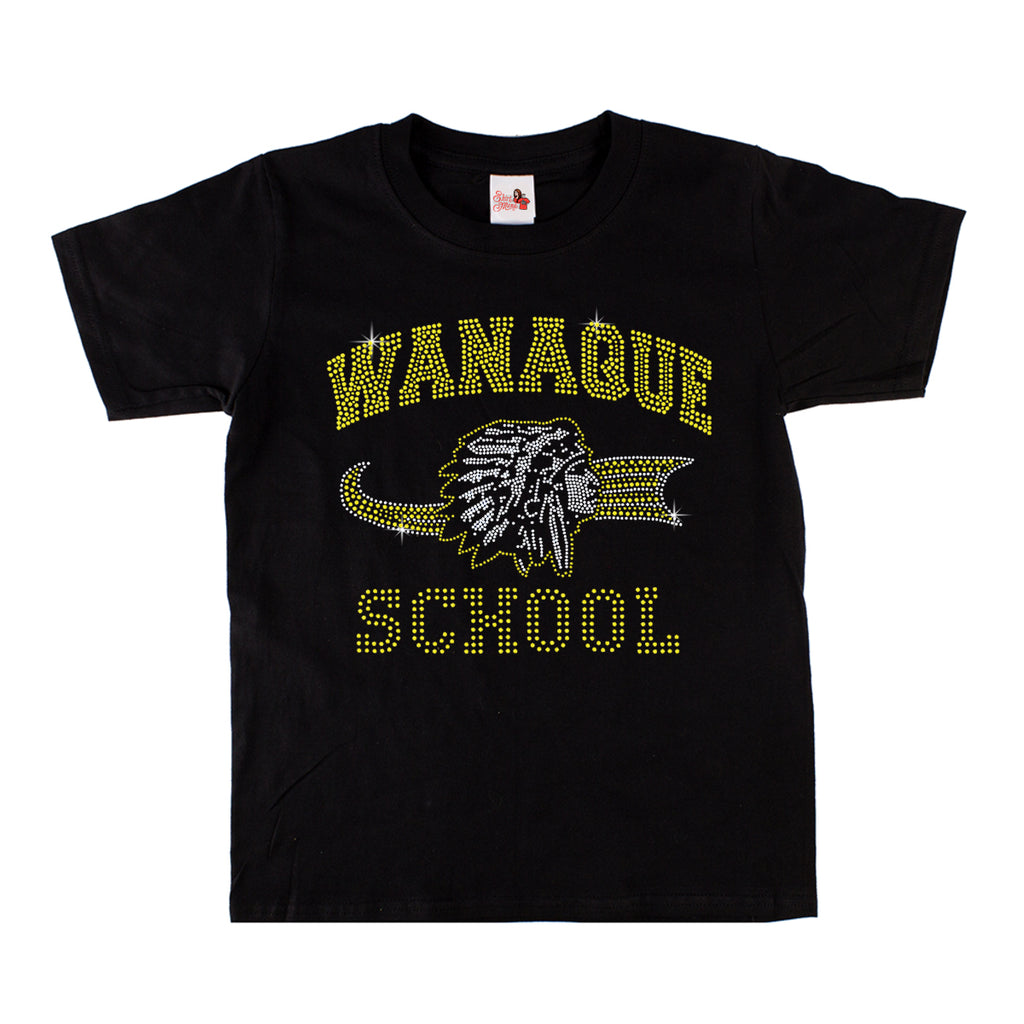 wanaque black short sleeve tee w/ wanaque school "old style" logo in spangle on front. style #2
