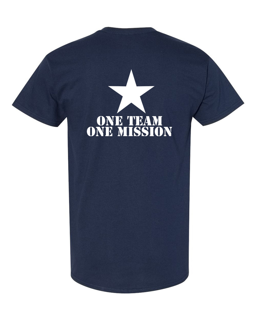 Cheer Army Navy Short Sleeve Tee w/ CA Logo on Front & One Team One Mission on Back.