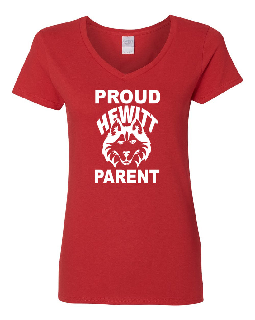 Hewitt Huskies Red Heavy Cotton™ Women’s V-Neck T-Shirt - 5V00L w/ Proud Parent on Front