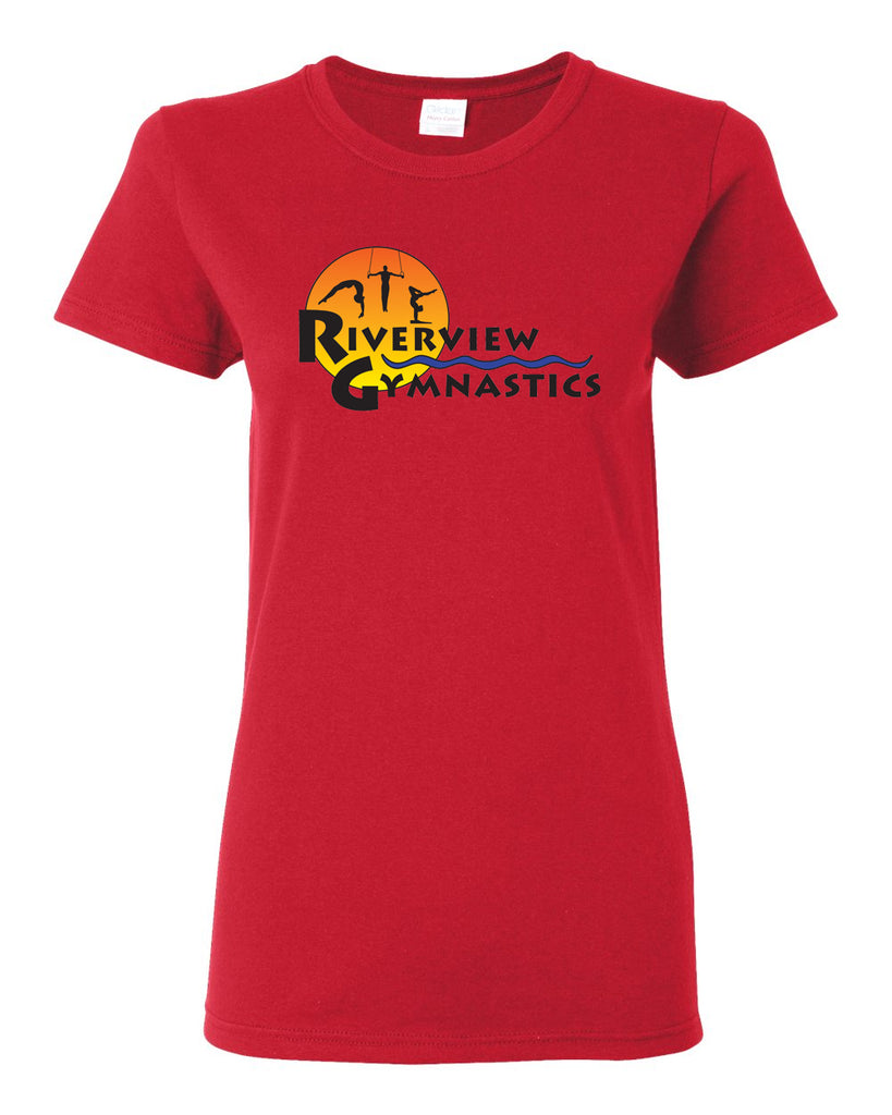 riverview gymnastics white short sleeve t-shirt w/ full color sun design on front.