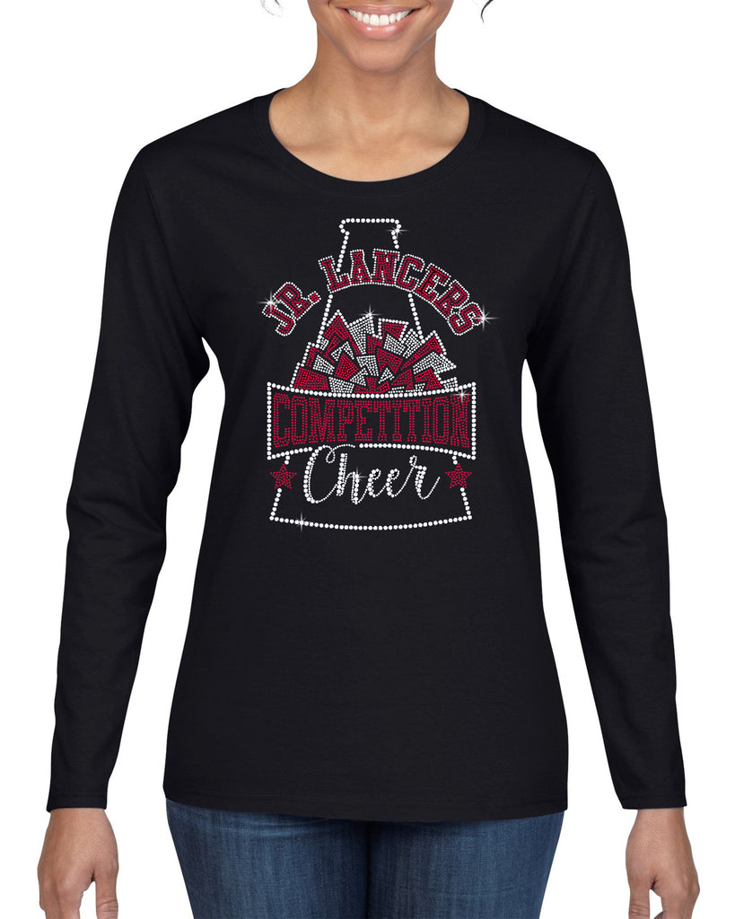 jr lancers competition cheer heavy cotton black shirt w/ spangle megaphone design on front.