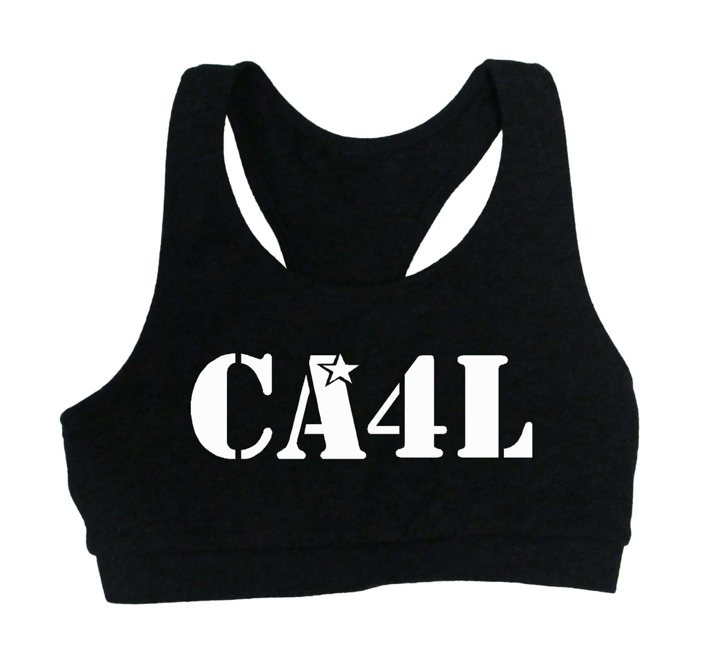 Cheer Army Black Sports Bra w/ White CA4L Logo on Front.