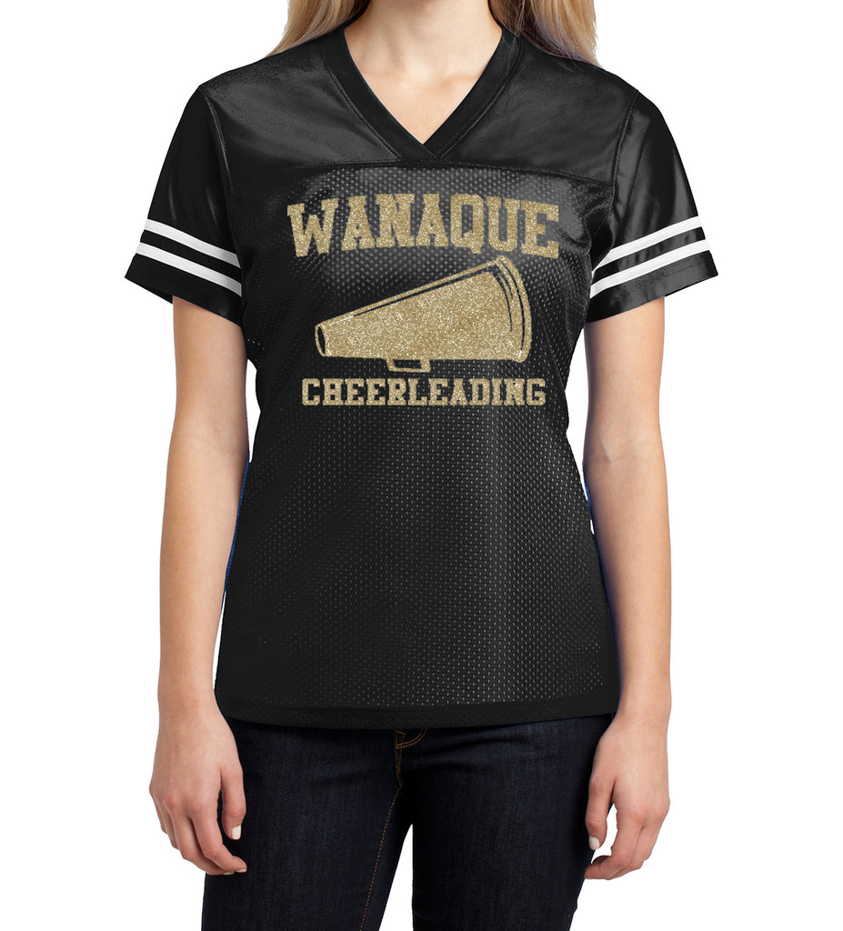 WANAQUE CHEER Black Sport-Tek® Ladies PosiCharge® Replica Jersey w/ Gold GLITTER Megaphone Design on Front.
