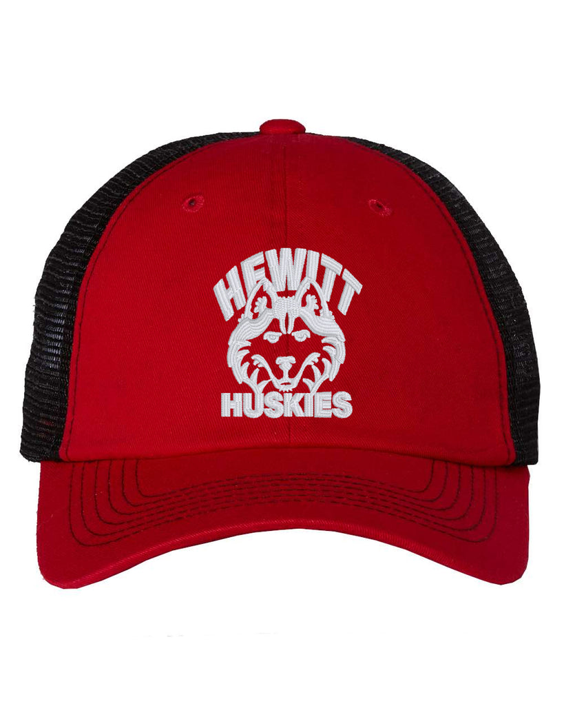 Hewitt Huskies Sportsman - Red/Black Sportsman - Contrast-Stitch Mesh-Back Cap - 3100 - w/ Logo Embroidered on Front.