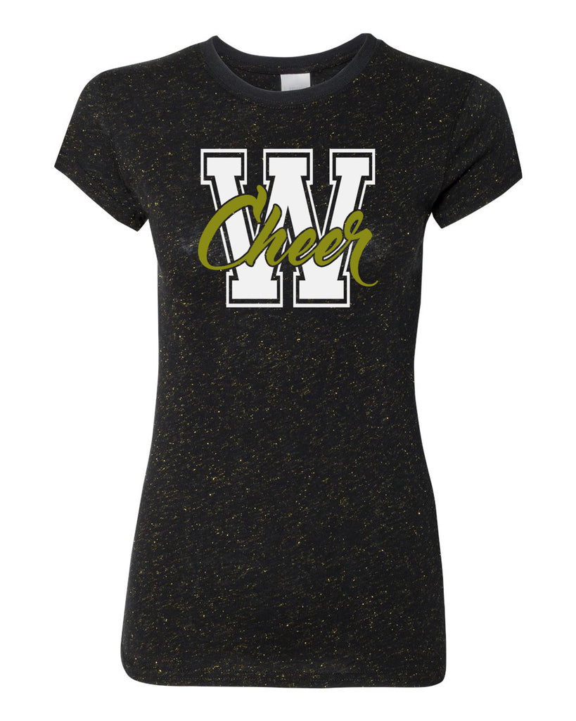 wanaque cheer glitter crew t-shirt w/ w-cheer design on front.
