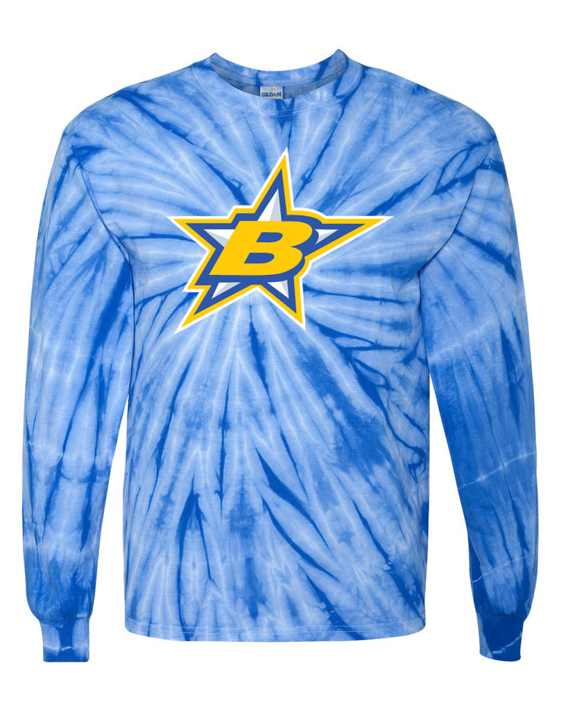 Butler Stars Royal Cyclone Tye Dye Long Sleeve Tee w/ Large 2 Color Logo on Front.