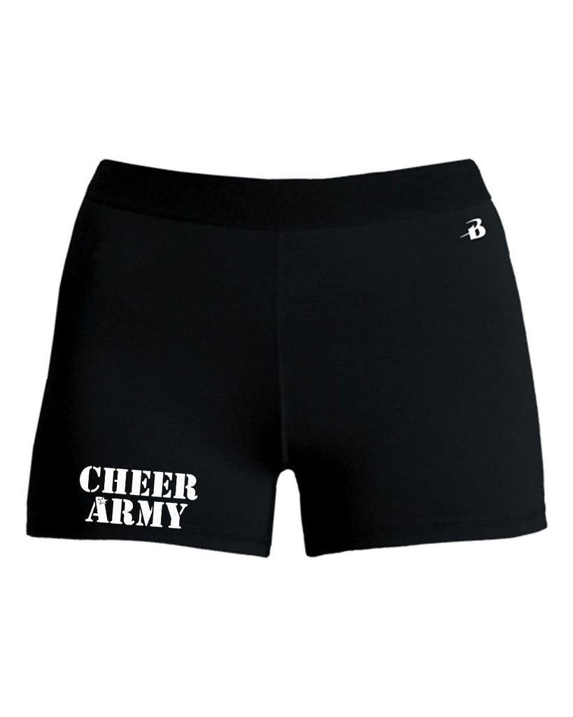 Cheer Army Black Pro Compression Shorts w/ CHEER ARMY Stencil Design on Right Leg.