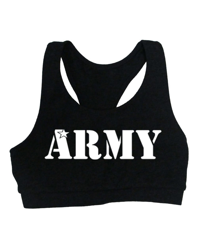 Cheer Army Black Sports Bra w/ White ARMY Logo on Front.