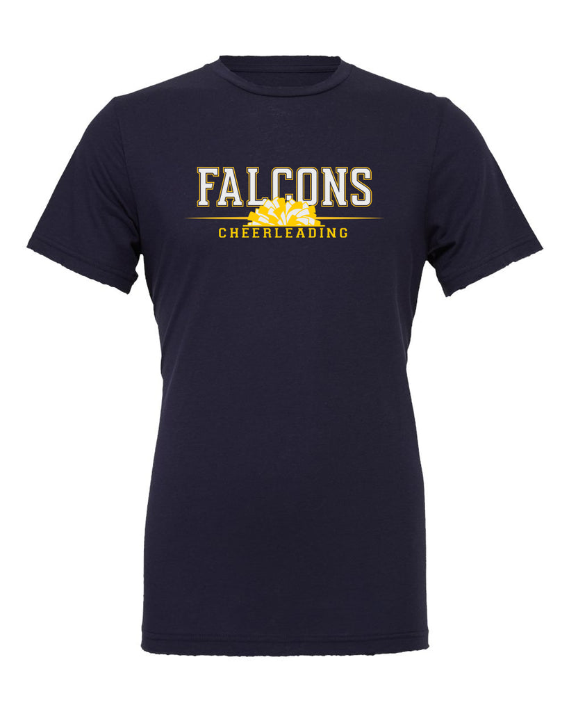 Jefferson Cheer Navy BC Jersey Tee - 3001 w/ Falcons Cheerleading Design on Front.