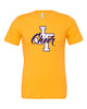 Jefferson Cheer Gold BC Jersey Tee - 3001 w/ JT Cheer Design on Front.