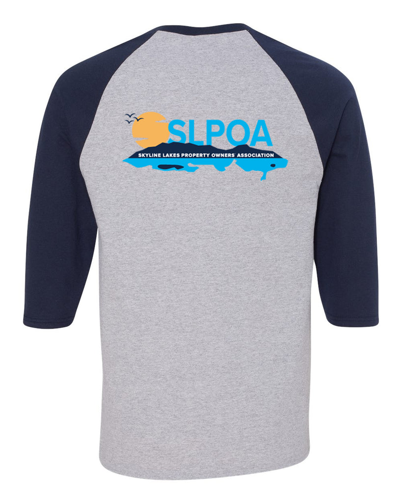 skyline lakes gray/navy heavy cotton™ raglan three-quarter sleeve t-shirt - 5700 w/ shield logo front & slpoa logo on back