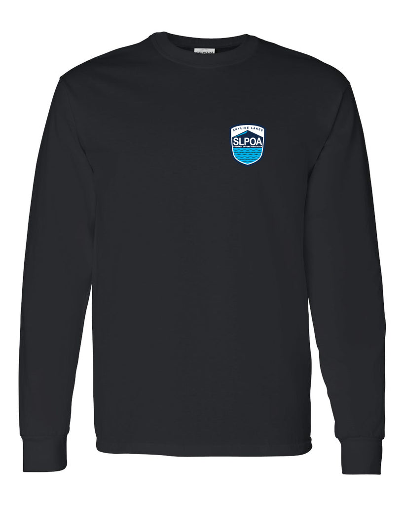 skyline lakes long sleeve tee w/ shield logo front & slpoa logo on back