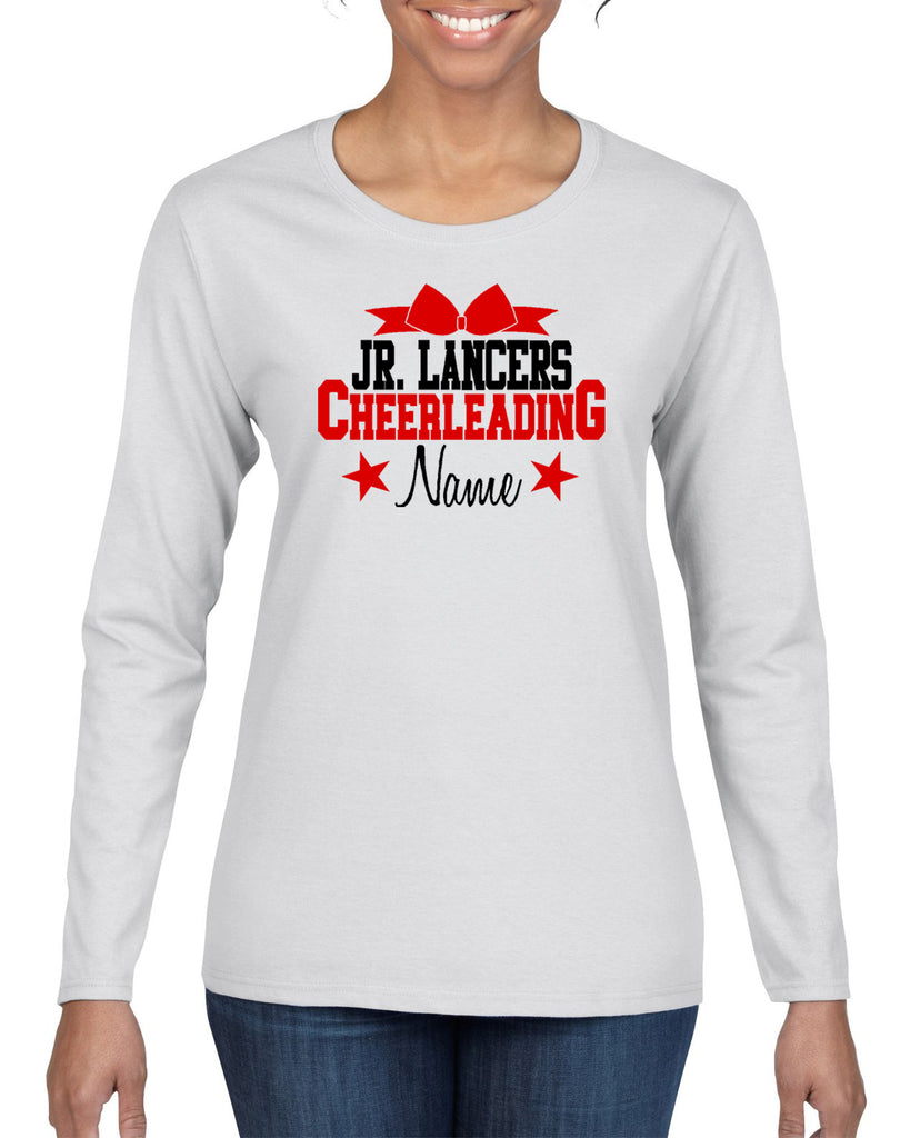 jr lancers competition cheer heavy cotton white shirt w/ cheerleading 2 color design on front.