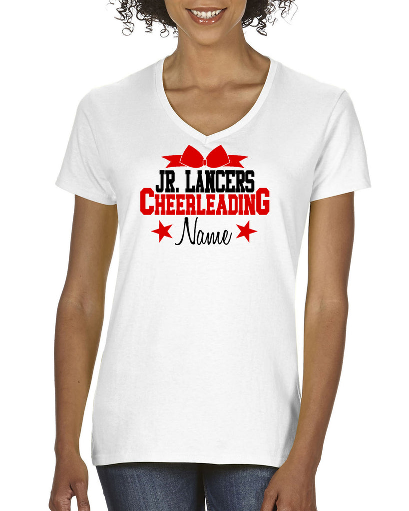 jr lancers competition cheer heavy cotton white shirt w/ cheerleading 2 color design on front.