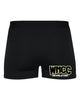 wmcc black pro-compression shorts - 2629 w/ gold & white print logo on front left leg.