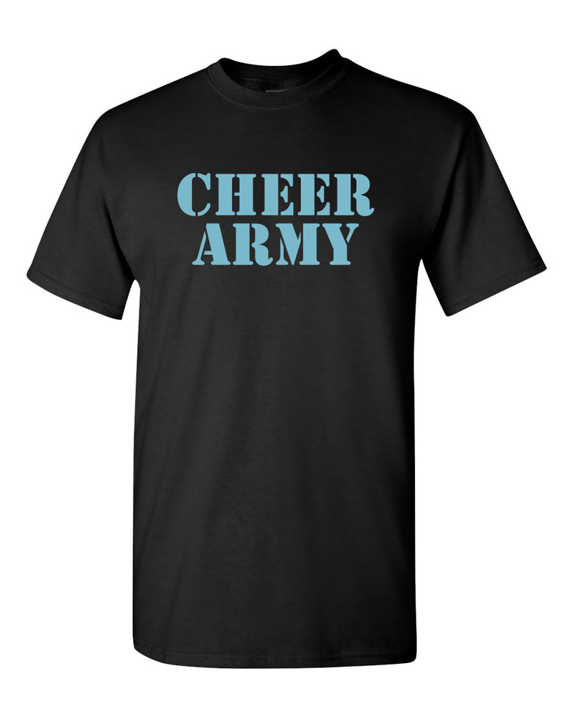 cheer army black short sleeve tee w/ columbia blue cheer army stencil logo on front.