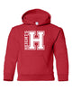 heights red hoodie w/ heights og design in white on front.