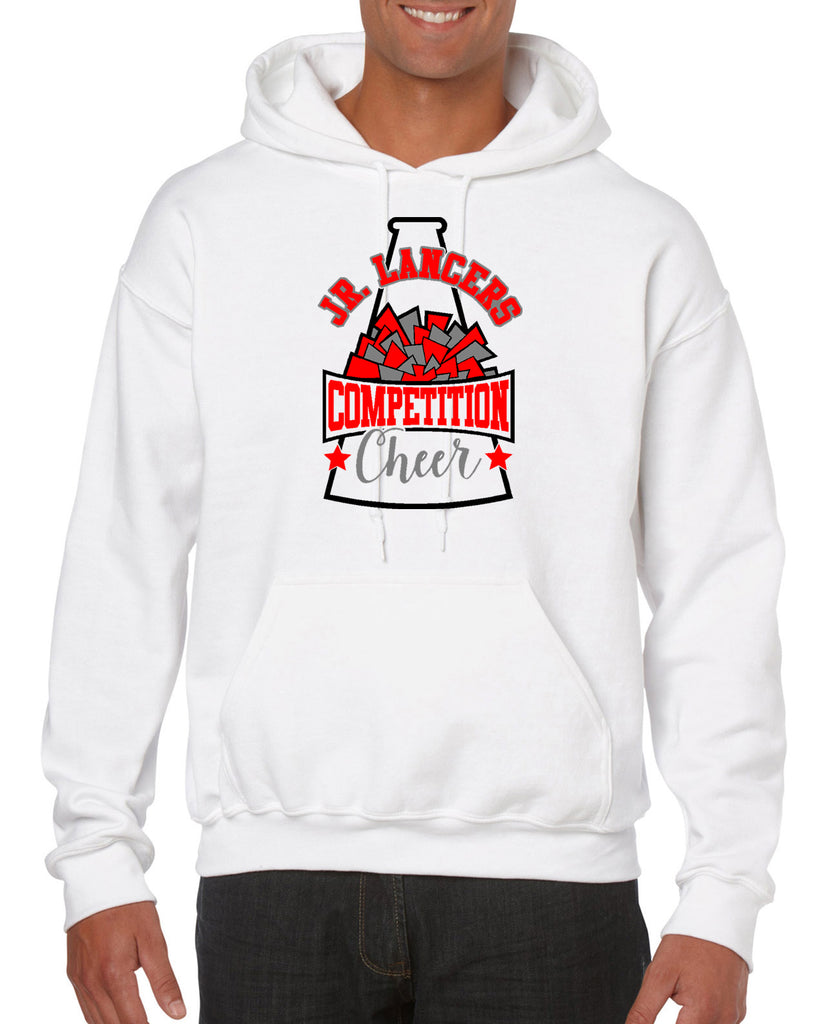 jr lancers competition cheer heavy cotton white shirt w/ megaphone 3 color design on front.