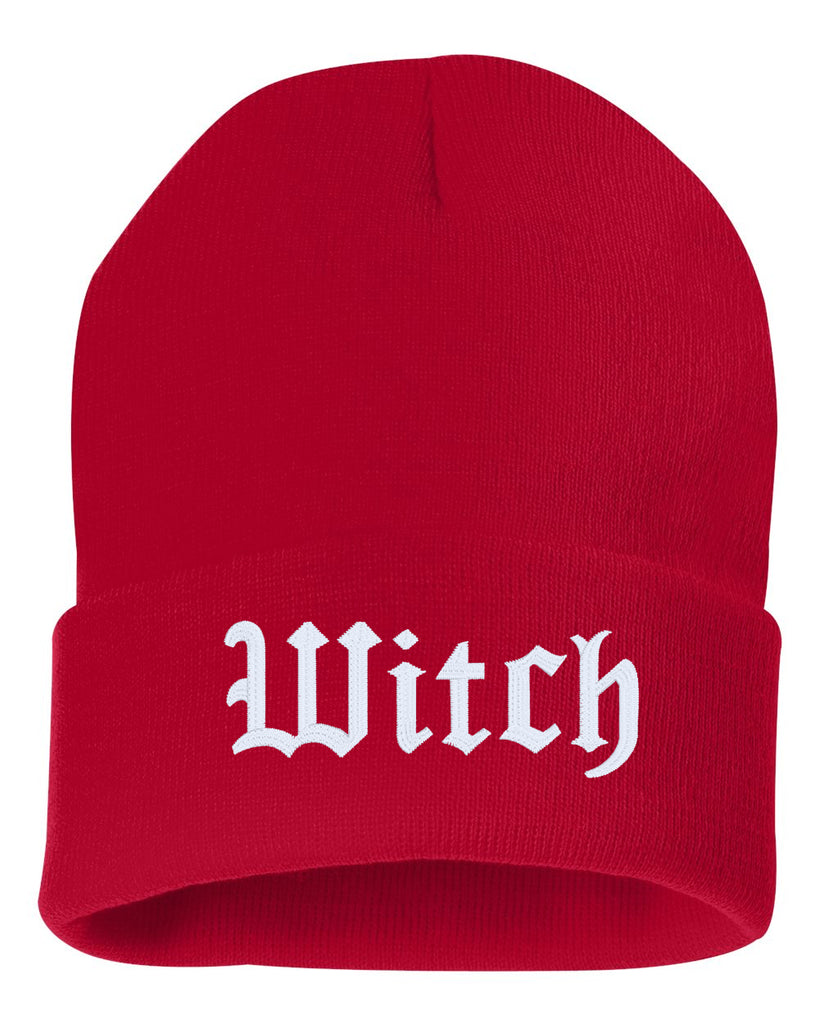 witch embroidered cuffed beanie hat