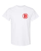 bloomingdale pta white short sleeve tee w/ small left chest bloom b logo.