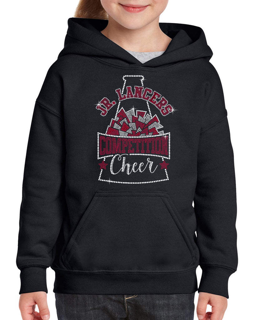 jr lancers competition cheer heavy cotton black shirt w/ spangle megaphone design on front.