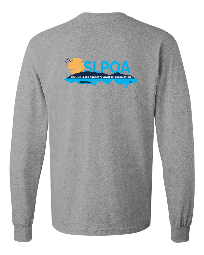 skyline lakes long sleeve tee w/ shield logo front & slpoa logo on back