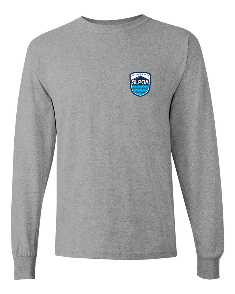 skyline lakes long sleeve tee w/ shield logo front & slpoa logo on back