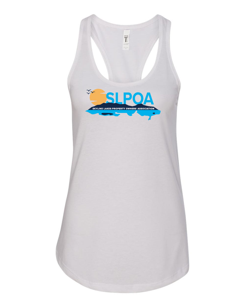 skyline lakes next level - women's ideal racerback tank - 1533 w/ shield logo on back & slpoa logo on front