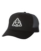 celtic knot black mesh-back trucker cap - 6886 w/ white triquetra design on front